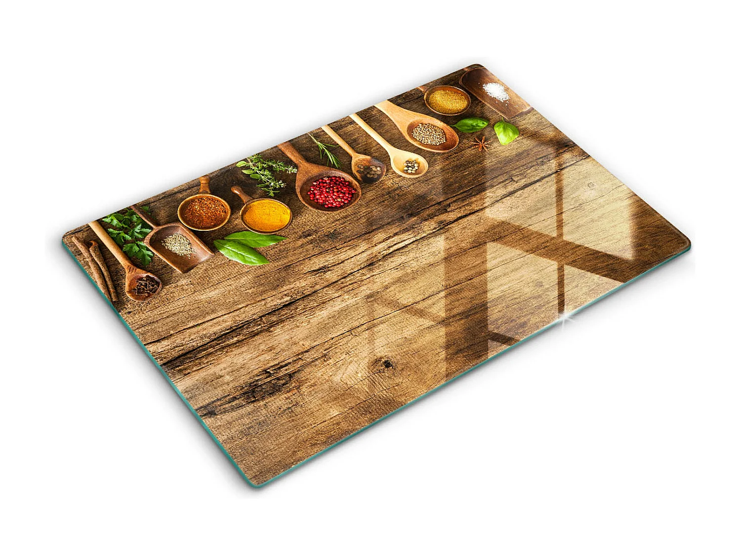 Rechthoekig glazen keukenbord, 80x52 cm Houten lepels voor kruiden