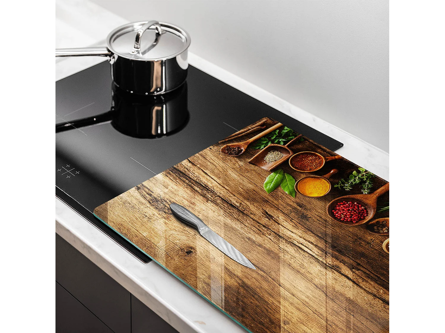 Rechthoekig glazen keukenbord, 80x52 cm Houten lepels voor kruiden