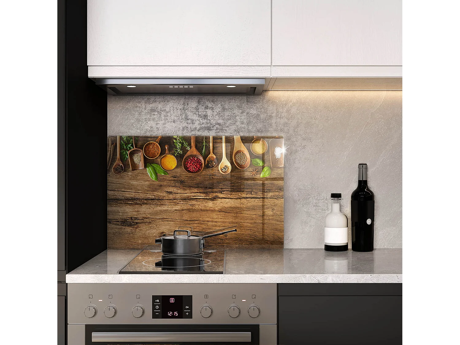 Rechteckiges Küchenbrett aus Glas, 80x52 cm. Holzlöffel für Gewürze