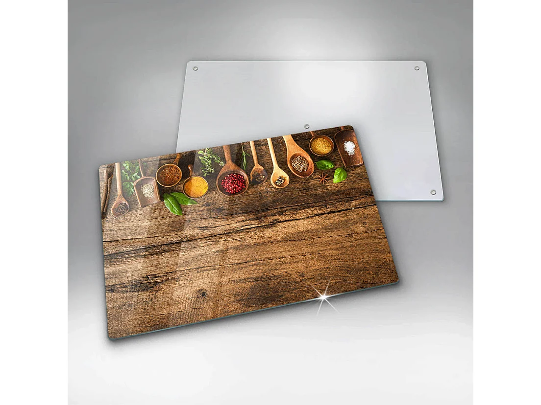 Rechteckiges Küchenbrett aus Glas, 80x52 cm. Holzlöffel für Gewürze