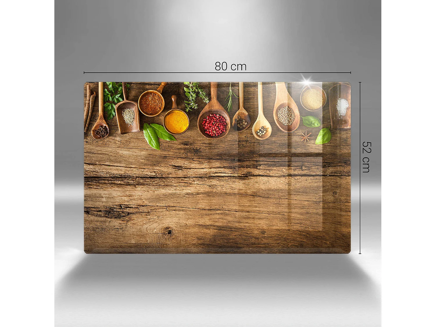 Rechteckiges Küchenbrett aus Glas, 80x52 cm. Holzlöffel für Gewürze