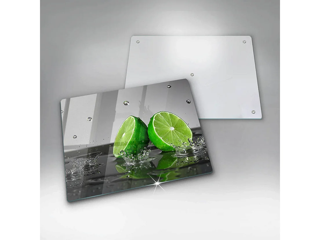 Rechteckiges Küchenbrett aus Glas, 52x40 cm Saftige Limetten und Wasser