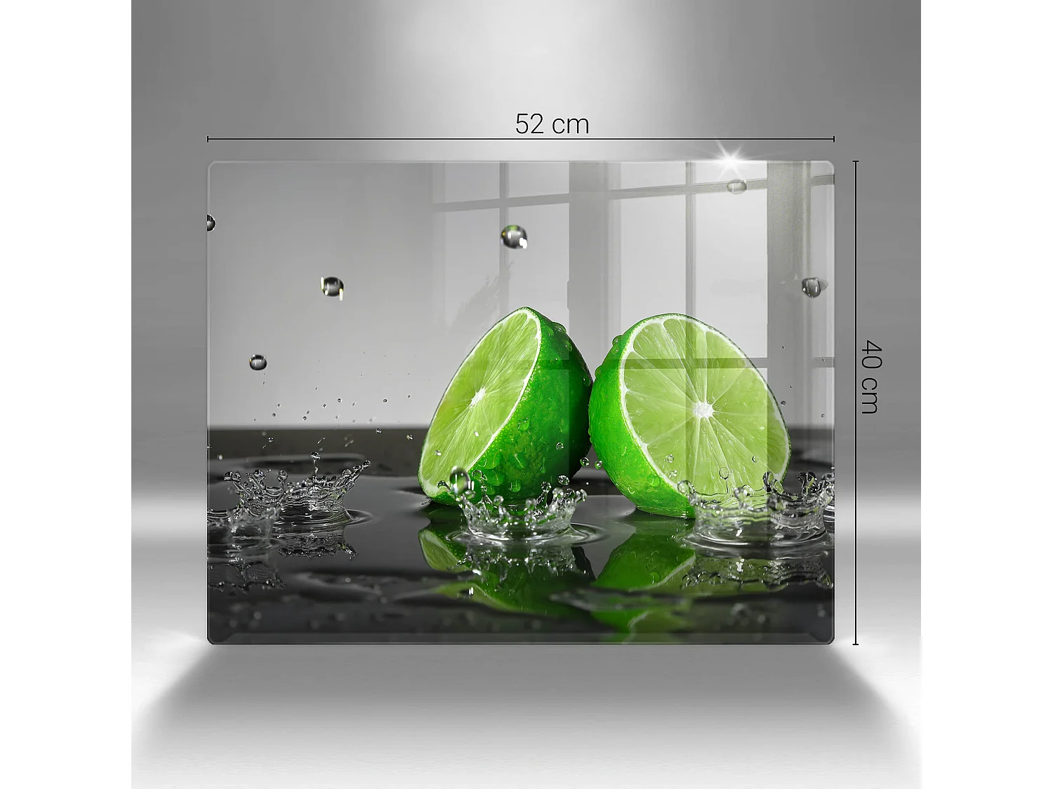 Rechteckiges Küchenbrett aus Glas, 52x40 cm Saftige Limetten und Wasser