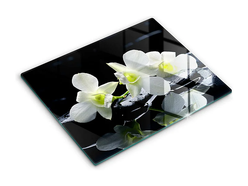 Rechteckiges Küchenbrett aus Glas, 52 x 40 cm. Weiße Blumen im Zen-Wasser