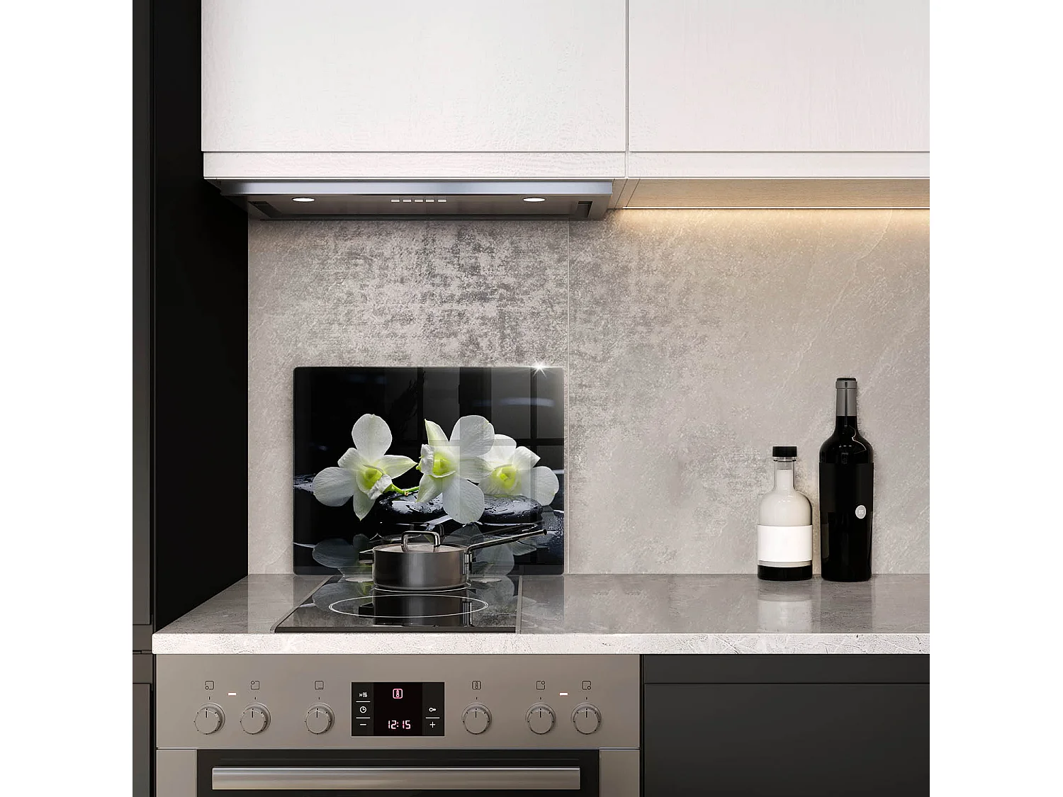 Rechteckiges Küchenbrett aus Glas, 52 x 40 cm. Weiße Blumen im Zen-Wasser