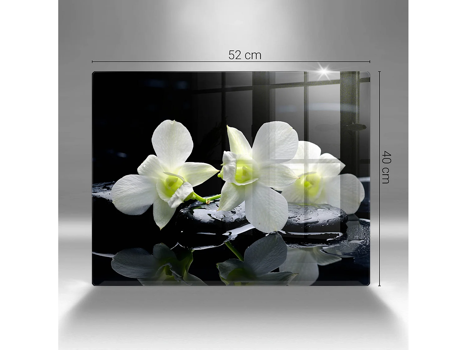 Rechteckiges Küchenbrett aus Glas, 52 x 40 cm. Weiße Blumen im Zen-Wasser