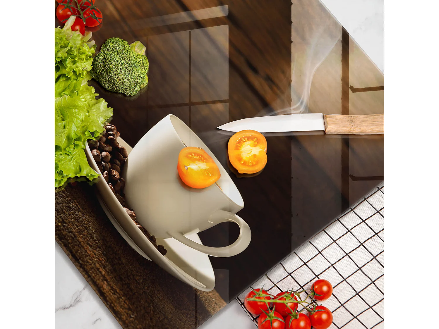 Planche de cuisine rectangulaire en verre, 60x52 cm Tasse à café en bois