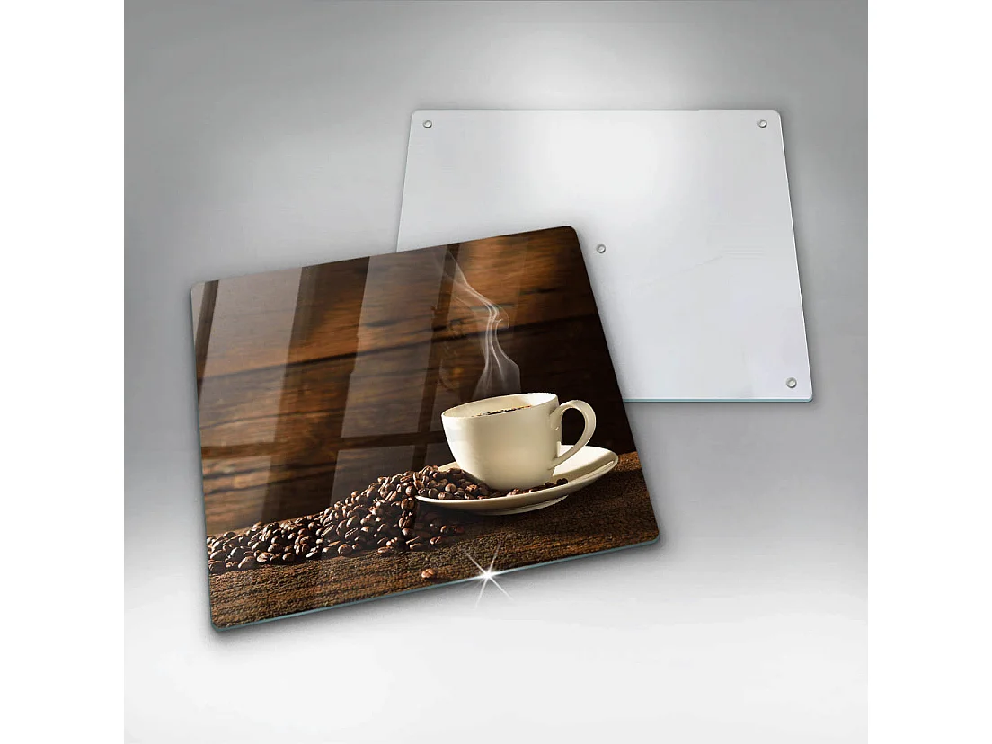 Rechteckiges Küchenbrett aus Glas, 60 x 52 cm. Kaffeetasse aus Holz