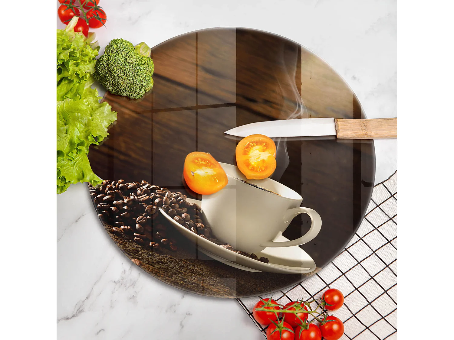 Planche de cuisine ronde en verre, 40 cm Tasse à café en bois