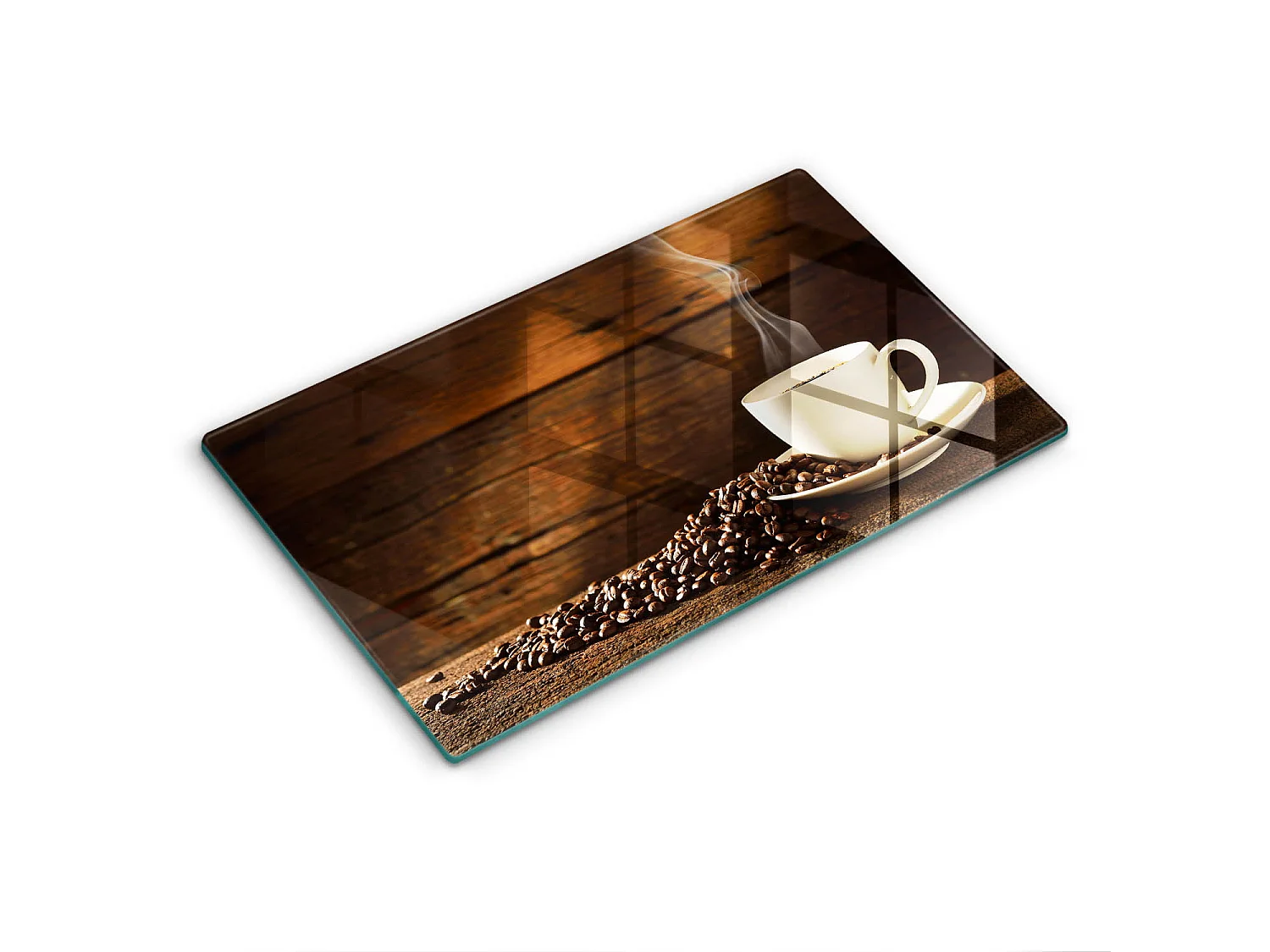 Rechteckiges Küchenbrett aus Glas, 52 x 30 cm. Kaffeetasse aus Holz