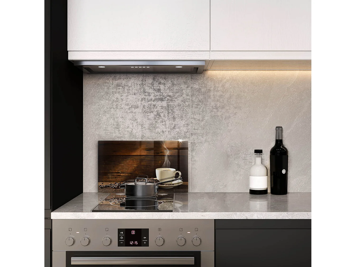 Rechteckiges Küchenbrett aus Glas, 52 x 30 cm. Kaffeetasse aus Holz