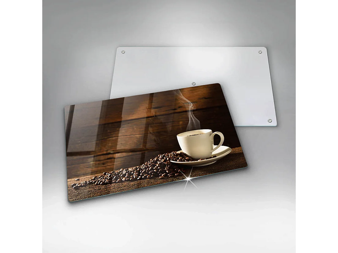 Rechteckiges Küchenbrett aus Glas, 52 x 30 cm. Kaffeetasse aus Holz