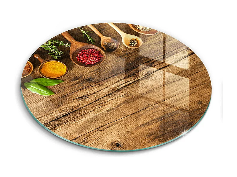 Rundes Küchenbrett aus Glas, 40 cm Gewürzlöffel aus Holz