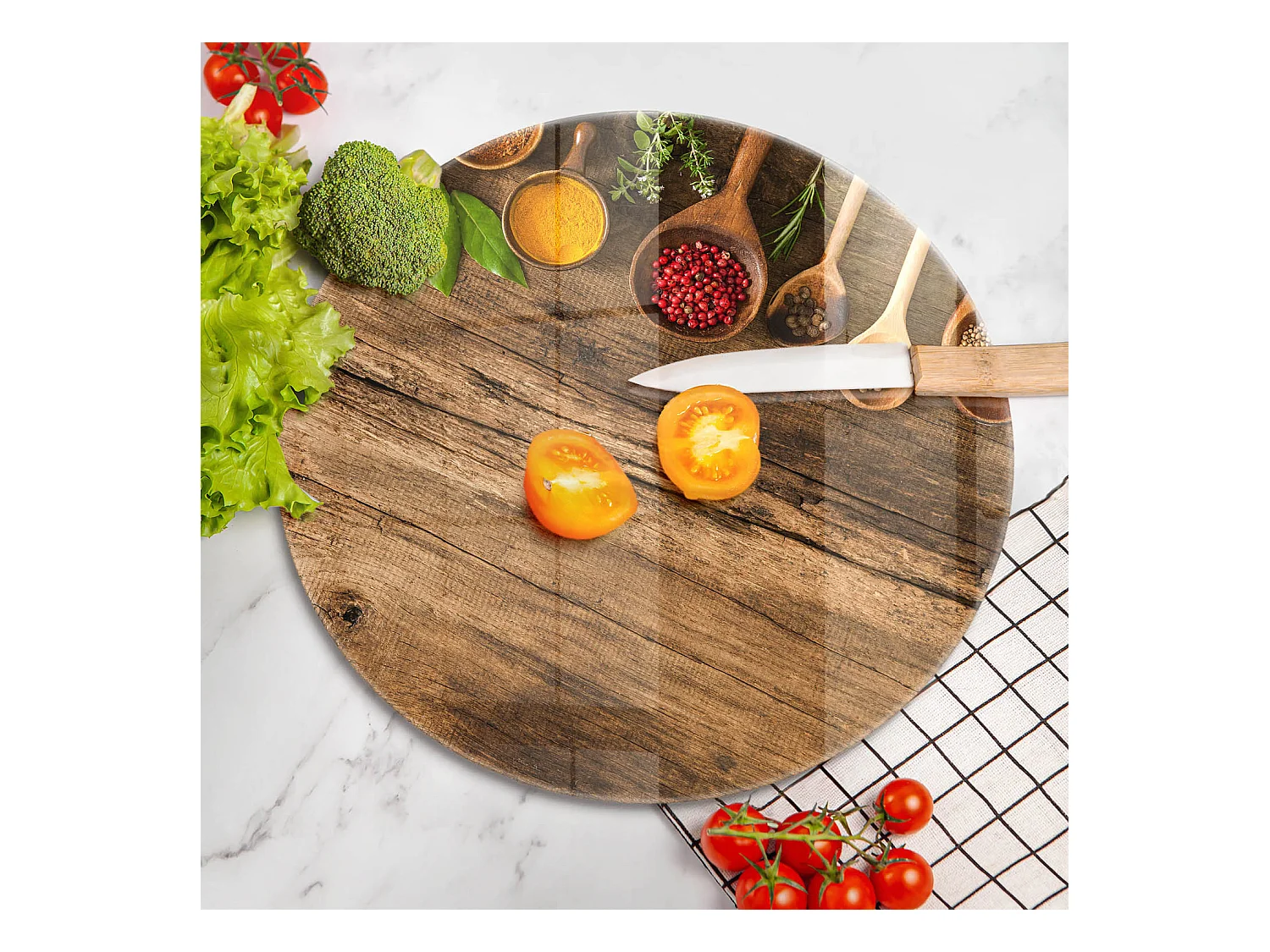 Planche de cuisine ronde en verre, 40 cm Cuillères à épices en bois