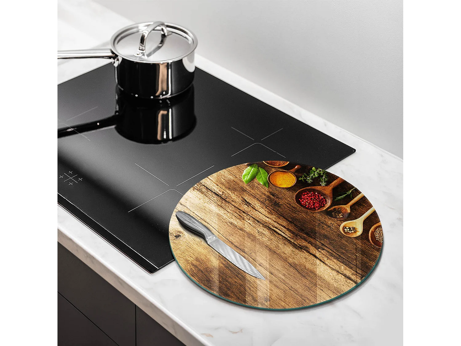 Rundes Küchenbrett aus Glas, 40 cm Gewürzlöffel aus Holz