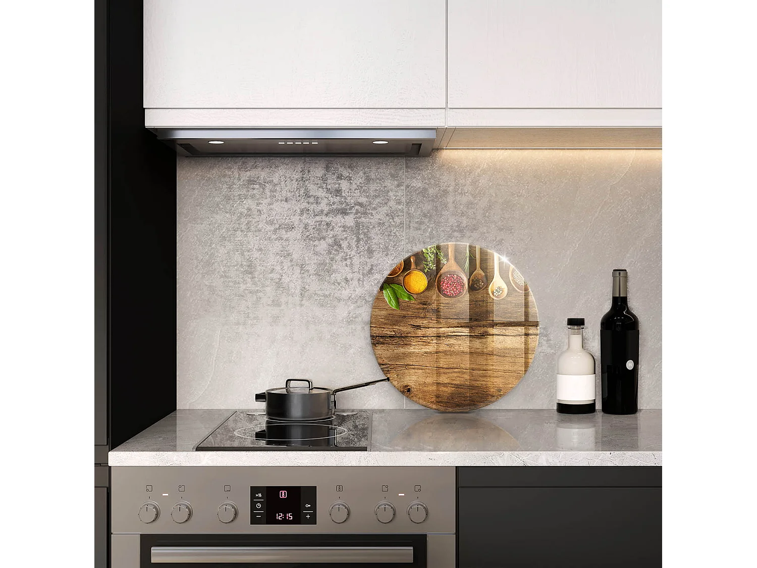 Rundes Küchenbrett aus Glas, 40 cm Gewürzlöffel aus Holz