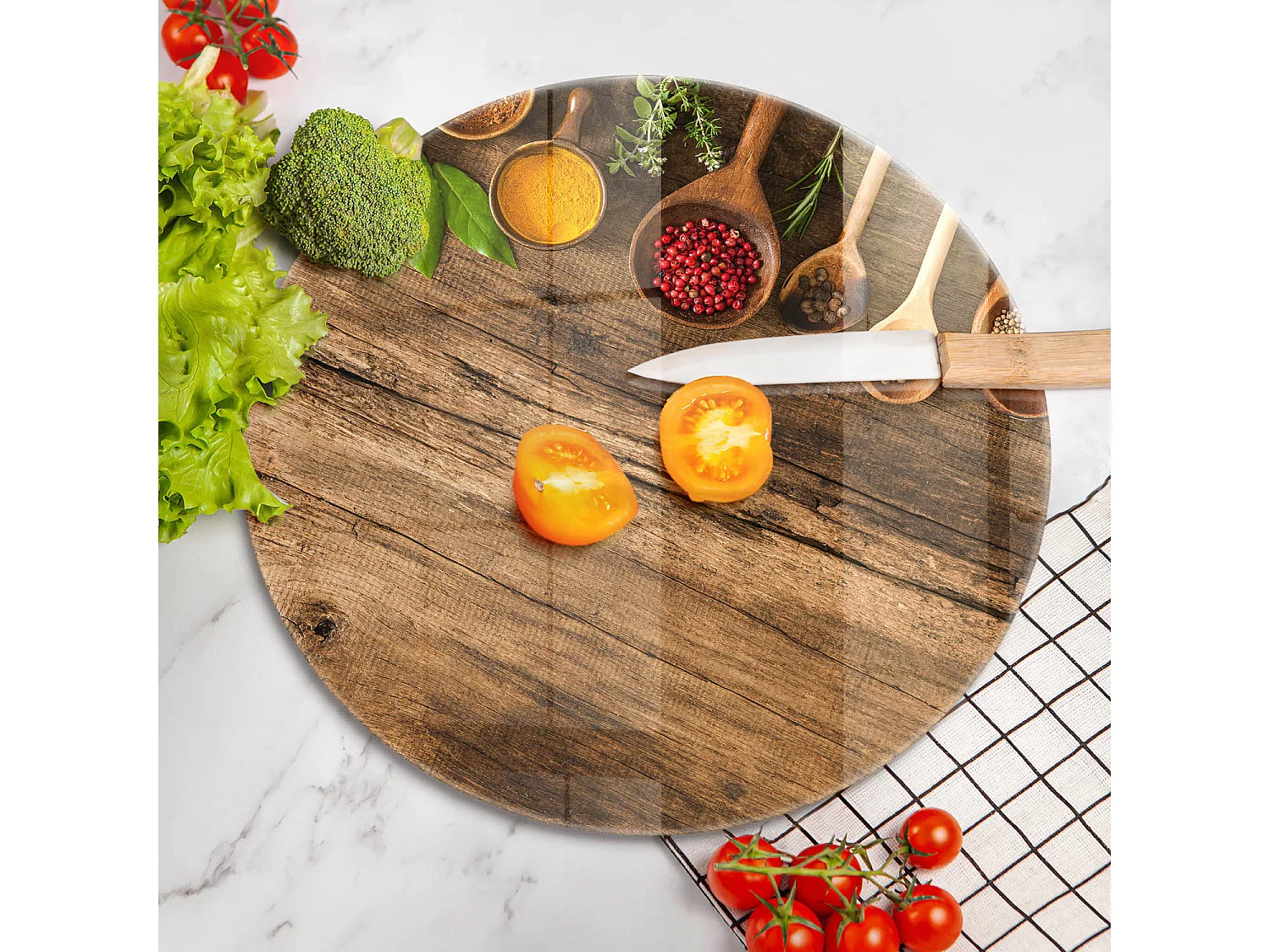 Rundes Küchenbrett aus Glas, 40 cm Gewürzlöffel aus Holz