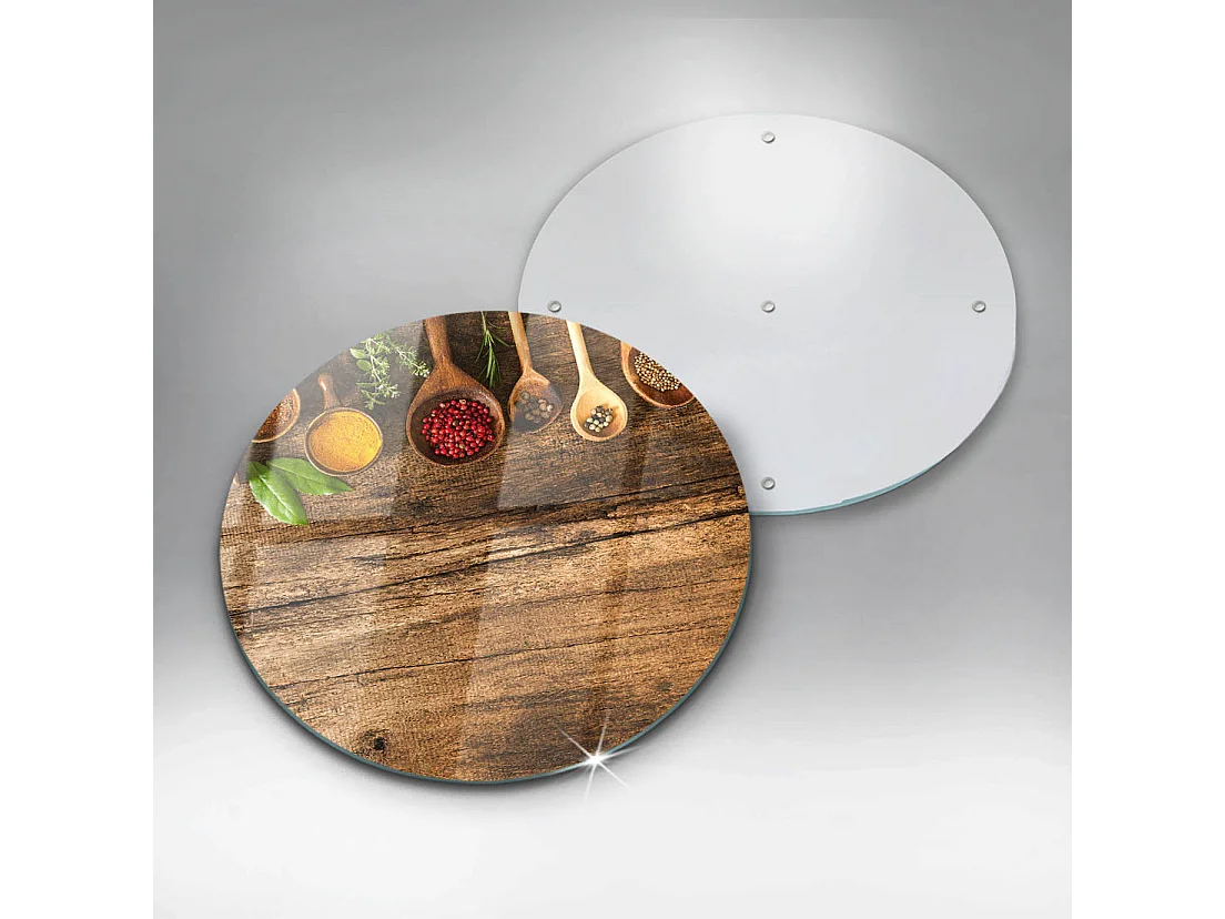 Rundes Küchenbrett aus Glas, 40 cm Gewürzlöffel aus Holz