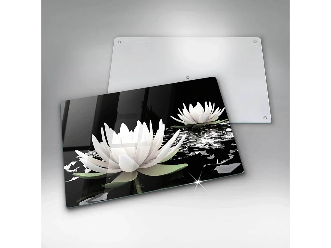 Rechteckiges Küchenbrett aus Glas, 80x52 cm Weiße Lilien auf dem Wasser