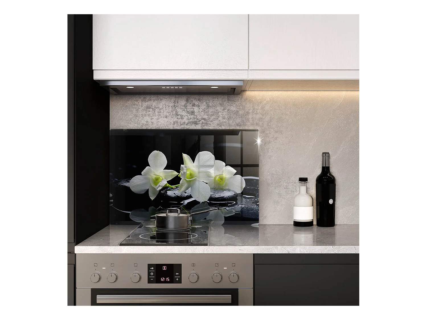 Rechteckiges Küchenbrett aus Glas, 80 x 52 cm. Weiße Blumen im Zen-Wasser