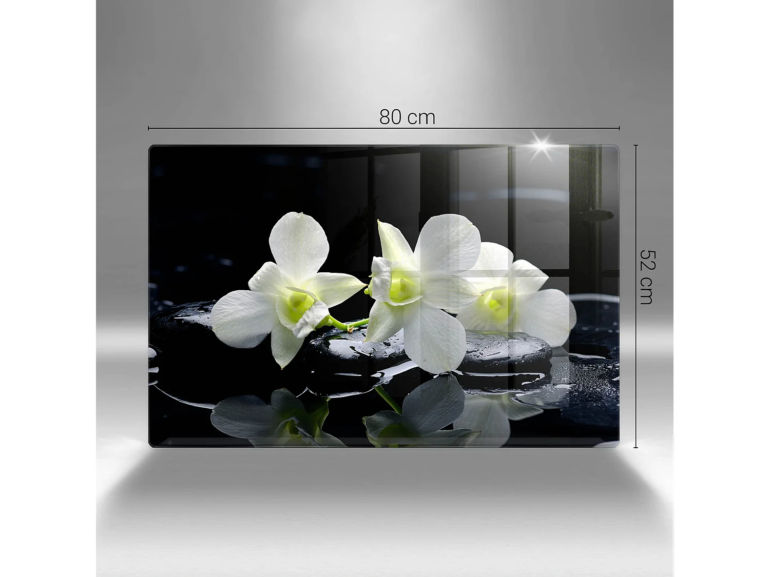 Rechteckiges Küchenbrett aus Glas, 80 x 52 cm. Weiße Blumen im Zen-Wasser