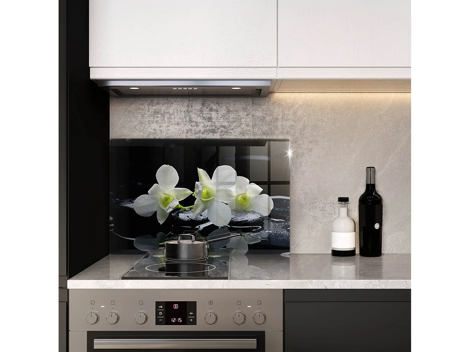 Rechteckiges Küchenbrett aus Glas, 80 x 52 cm. Weiße Blumen im Zen-Wasser