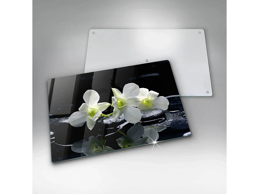 Rechteckiges Küchenbrett aus Glas, 80 x 52 cm. Weiße Blumen im Zen-Wasser