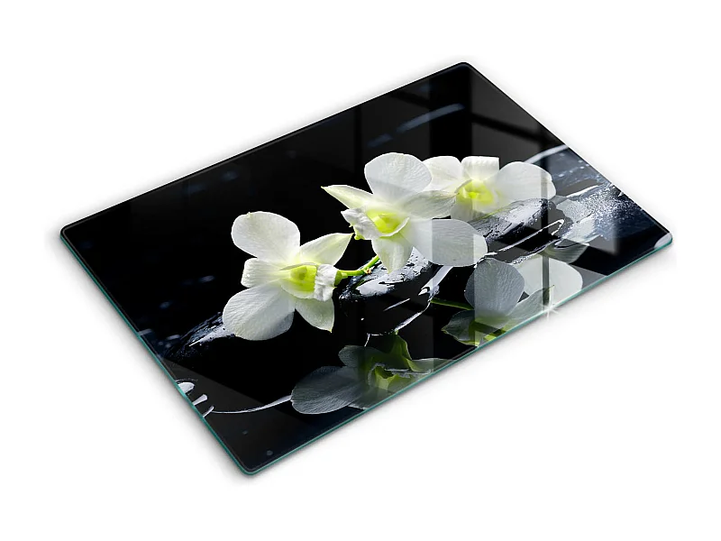 Rechteckiges Küchenbrett aus Glas, 80 x 52 cm. Weiße Blumen im Zen-Wasser