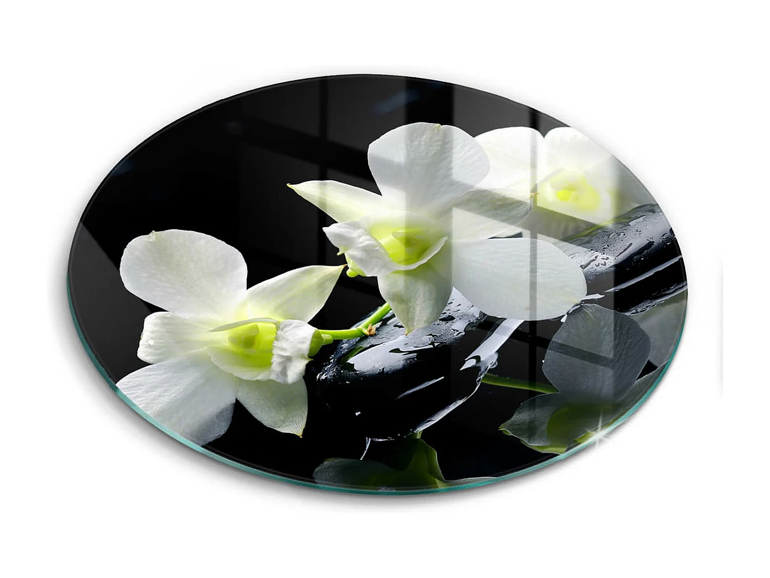 Planche de cuisine ronde en verre, 40 cm Fleurs blanches dans l'eau zen