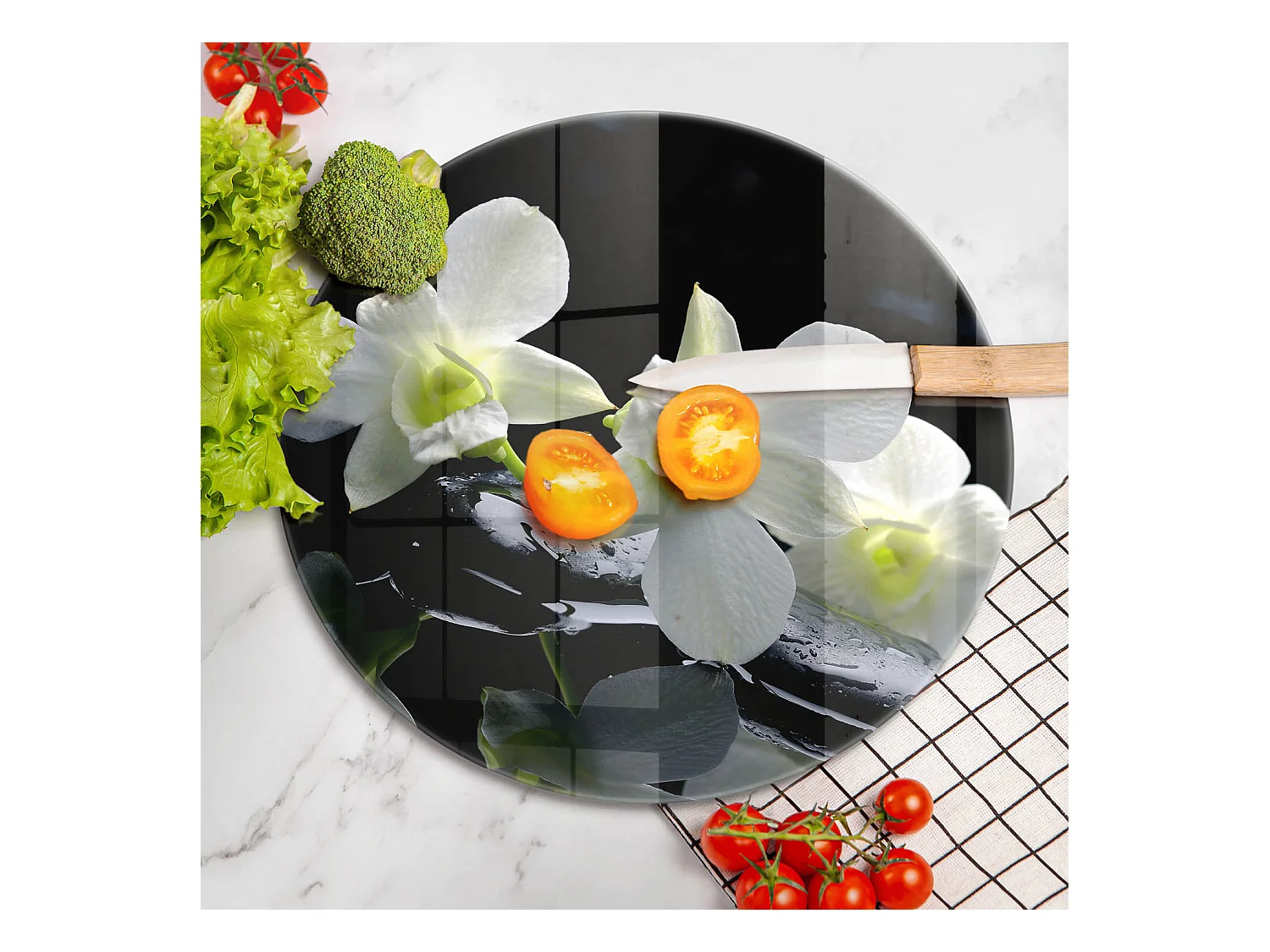 Planche de cuisine ronde en verre, 40 cm Fleurs blanches dans l'eau zen