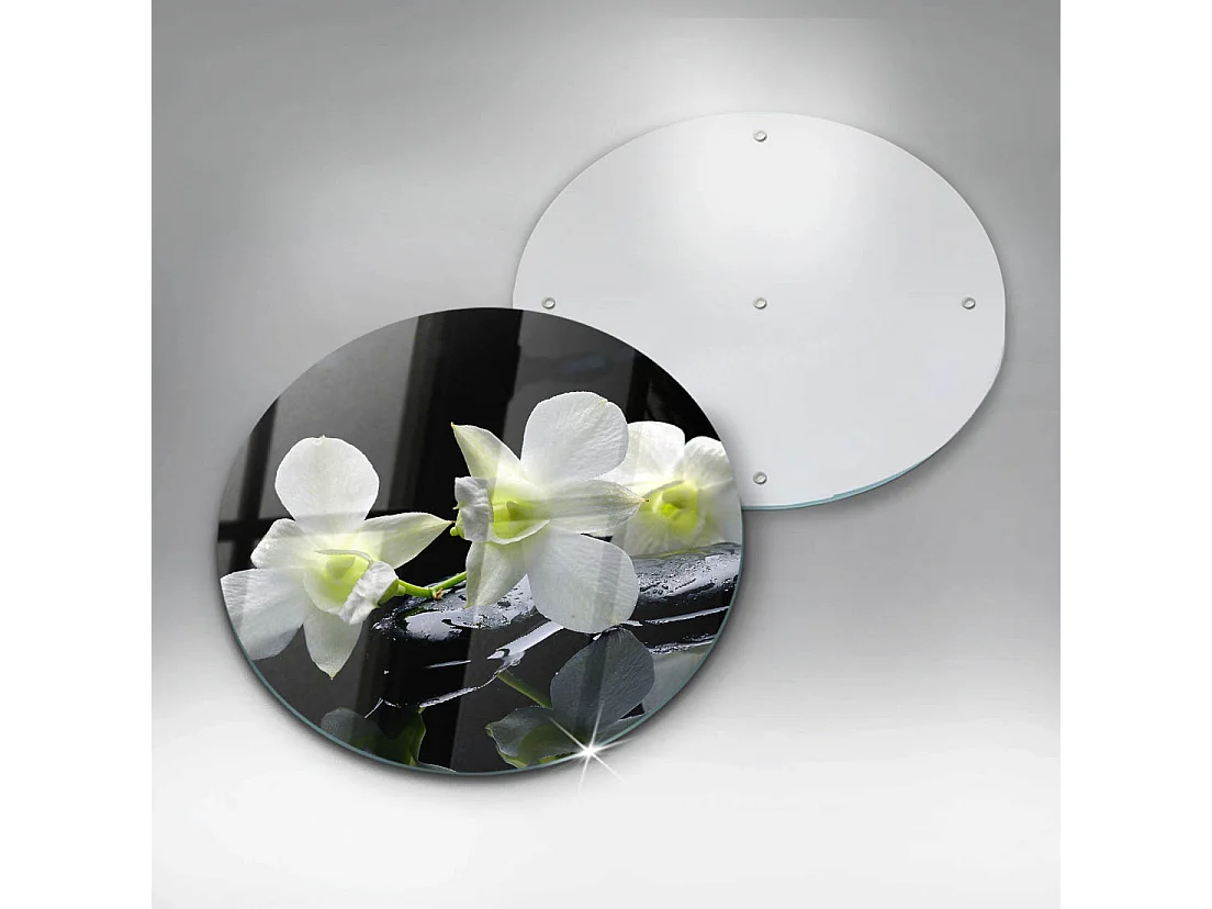 Rundes Küchenbrett aus Glas, 40 cm. Weiße Blumen im Zen-Wasser