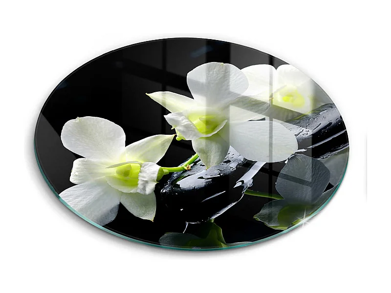 Rundes Küchenbrett aus Glas, 40 cm. Weiße Blumen im Zen-Wasser
