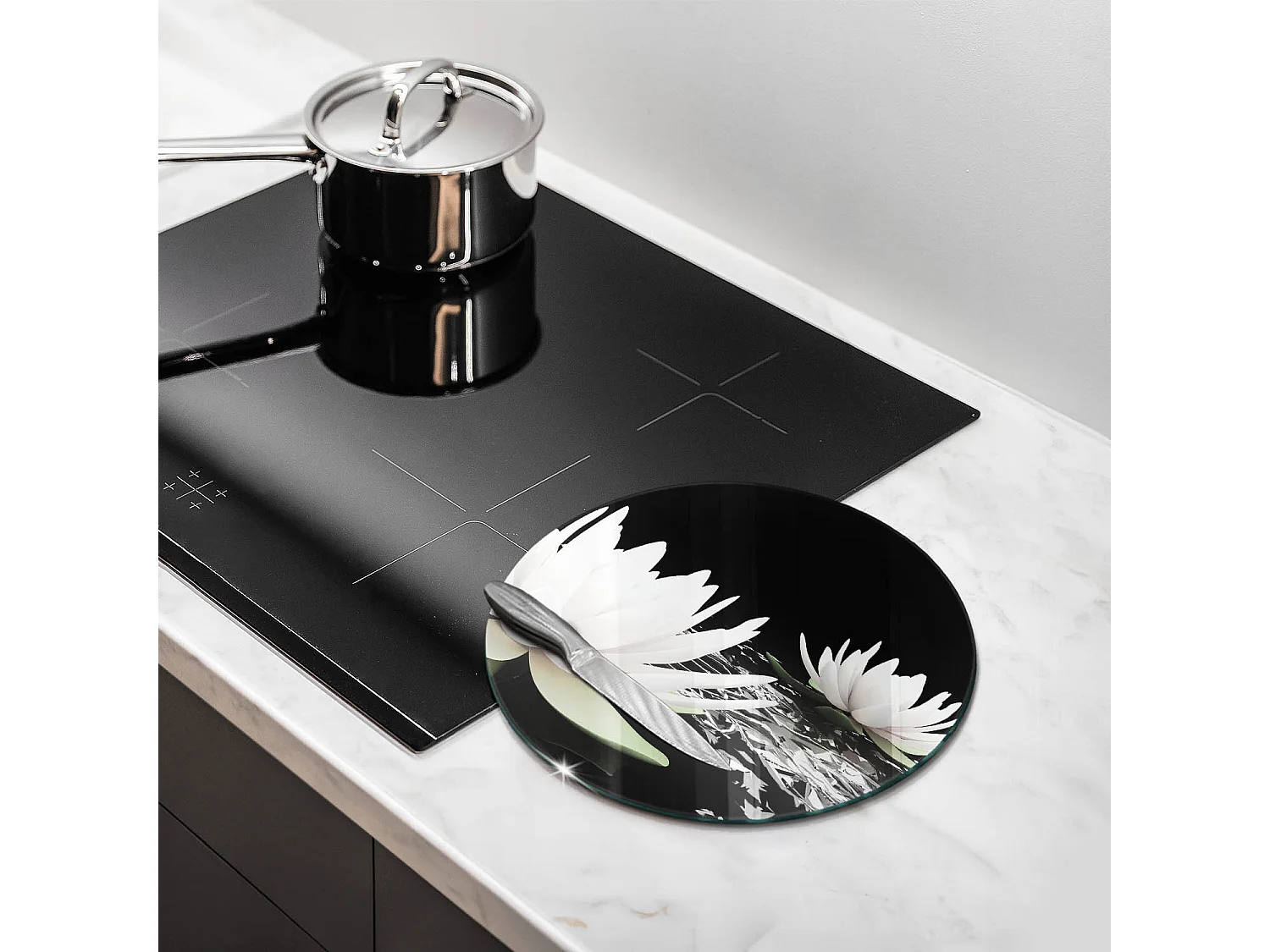 Planche de cuisine ronde en verre, 30 cm Lys blancs sur l'eau