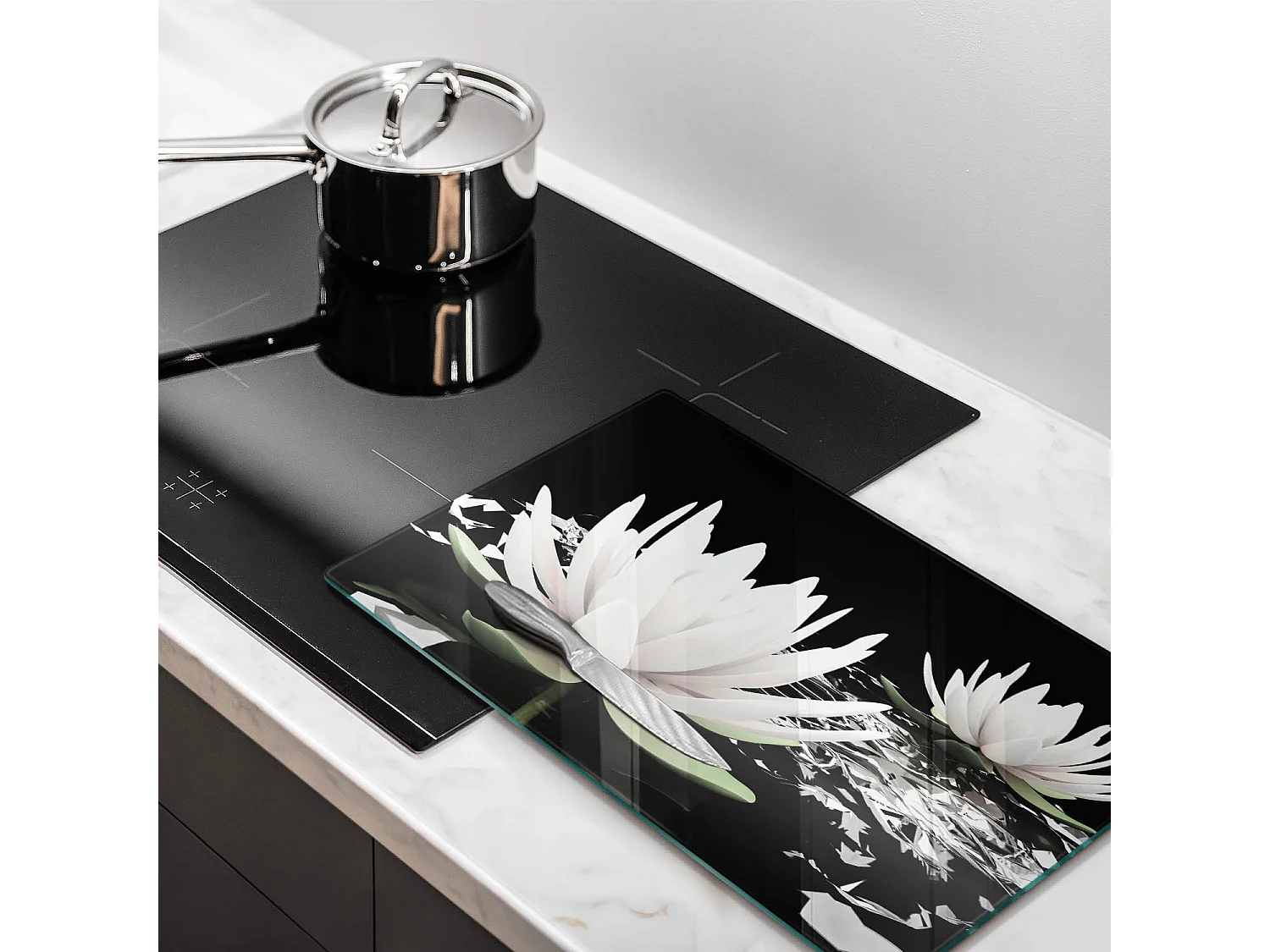 Planche de cuisine rectangulaire en verre, 52x30 cm Lys blancs sur l'eau