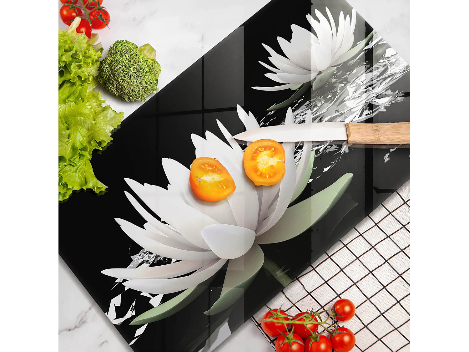 Planche de cuisine rectangulaire en verre, 52x30 cm Lys blancs sur l'eau