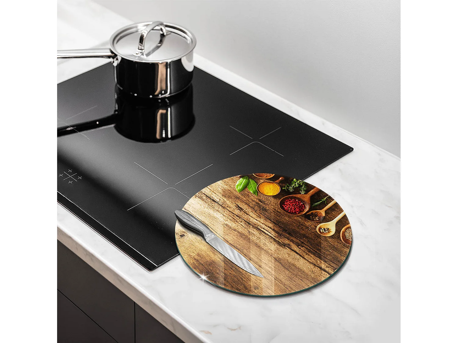 Planche de cuisine ronde en verre, 30 cm Cuillères à épices en bois