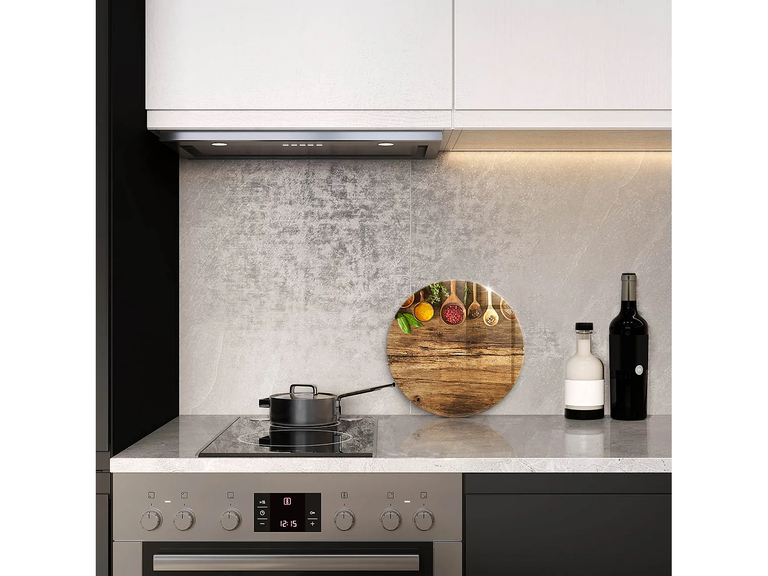 Planche de cuisine ronde en verre, 30 cm Cuillères à épices en bois