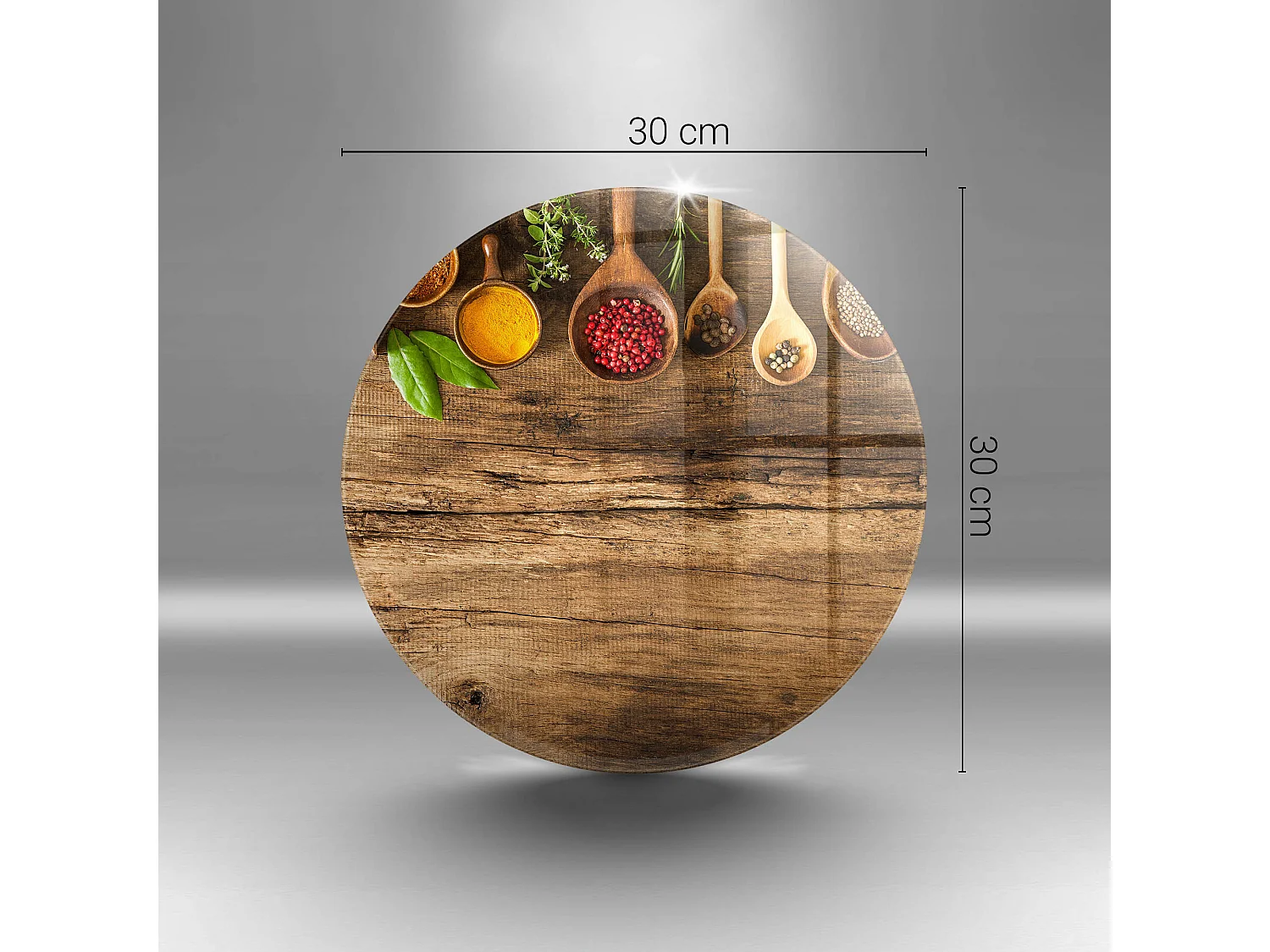 Planche de cuisine ronde en verre, 30 cm Cuillères à épices en bois