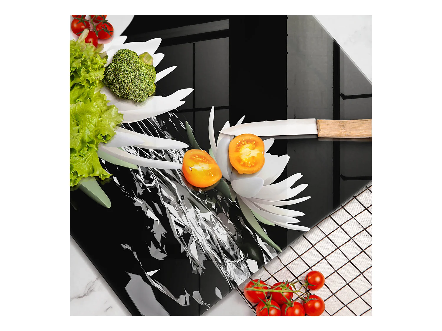 Planche de cuisine rectangulaire en verre, 60x52 cm Lys blancs sur l'eau