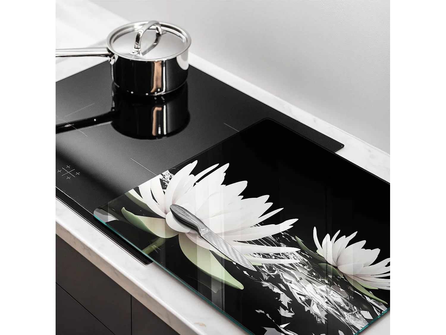 Planche de cuisine rectangulaire en verre, 60x52 cm Lys blancs sur l'eau