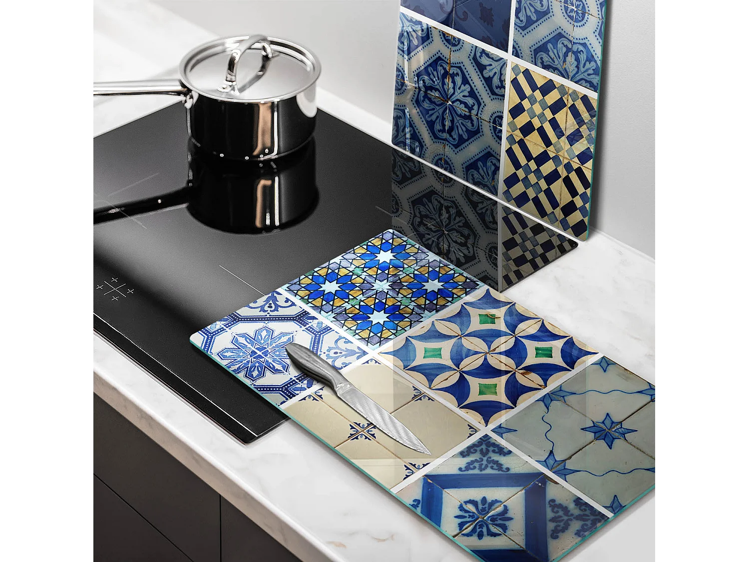 Rechteckiges Küchenbrett aus Glas, 2 Stück 30x52 cm, dekorative Fliesen