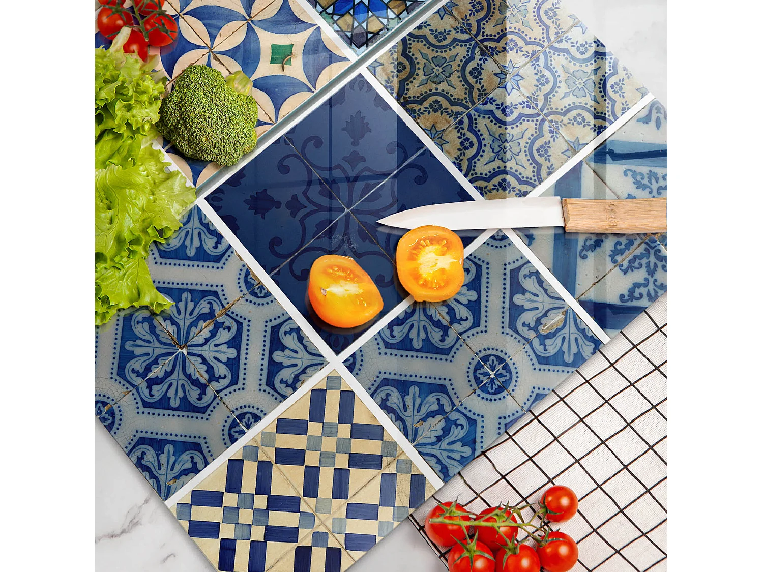 Rechteckiges Küchenbrett aus Glas, 2 Stück 30x52 cm, dekorative Fliesen