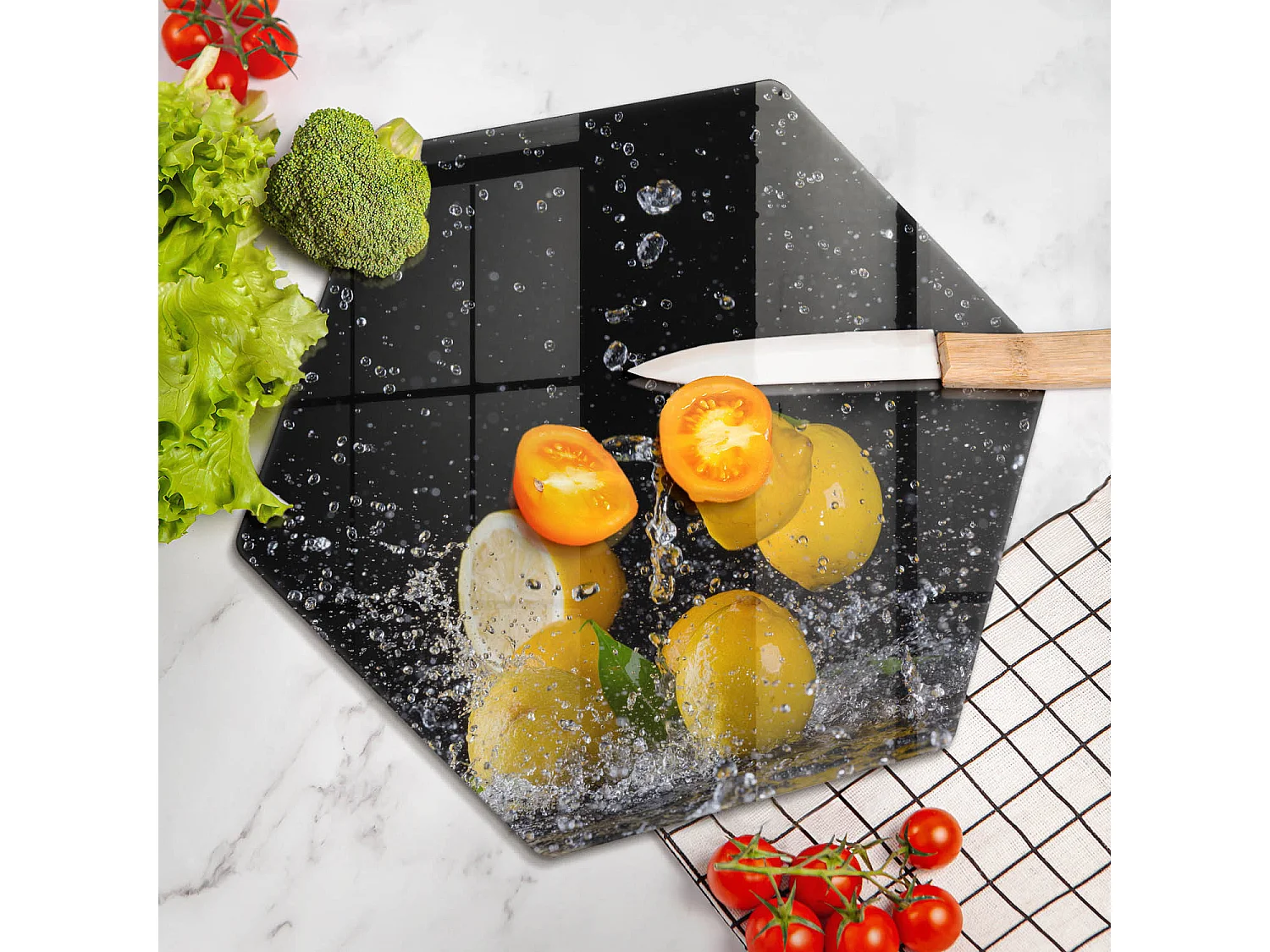 Planche de cuisine hexagonale en verre, 40 cm Citron juteux
