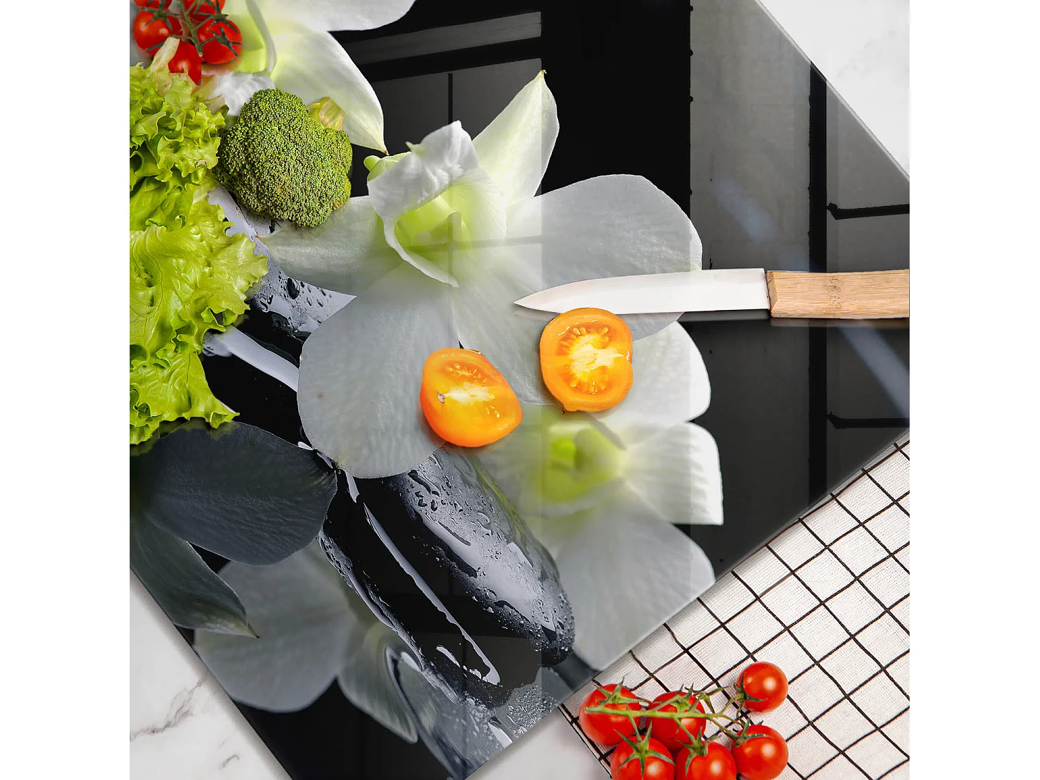 Planche de cuisine rectangulaire en verre, 60x52 cm Fleurs blanches dans l'eau zen