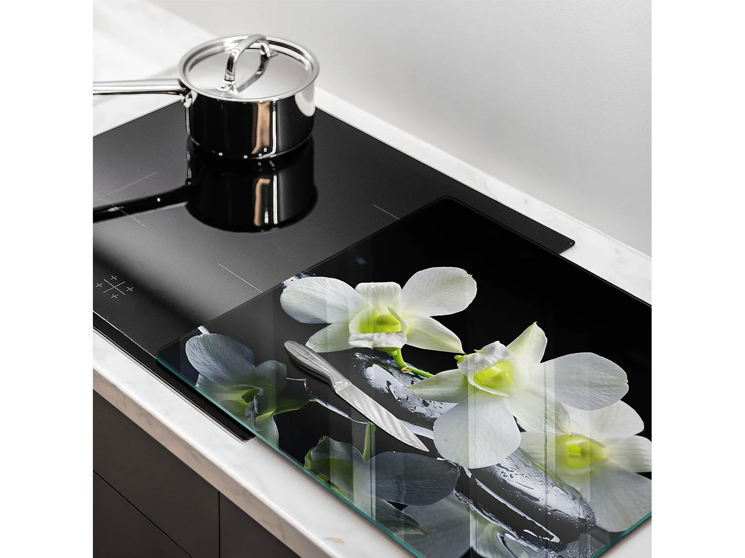 Planche de cuisine rectangulaire en verre, 60x52 cm Fleurs blanches dans l'eau zen