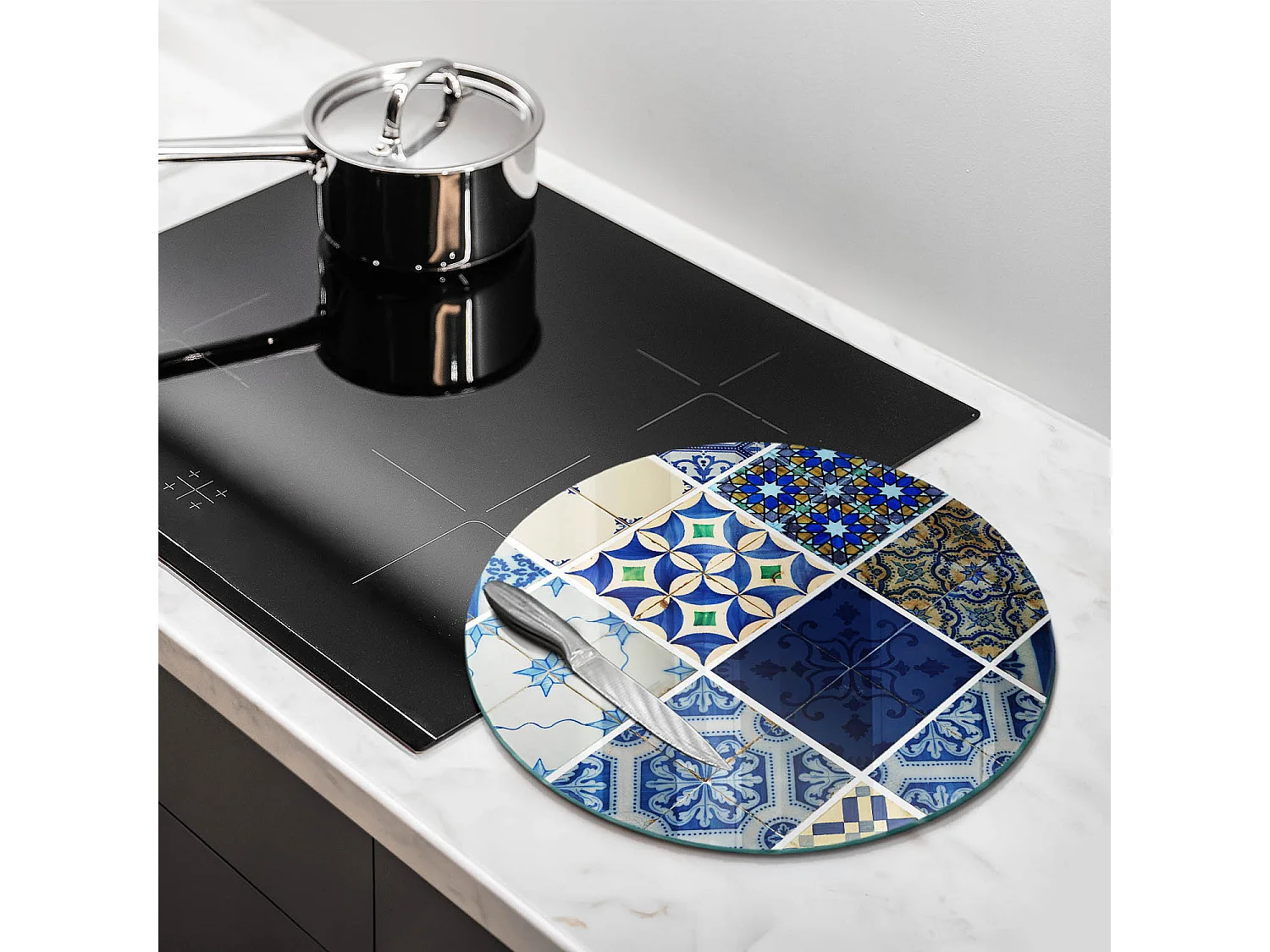 Rundes Küchenbrett aus Glas, 40 cm, dekorative Fliesen