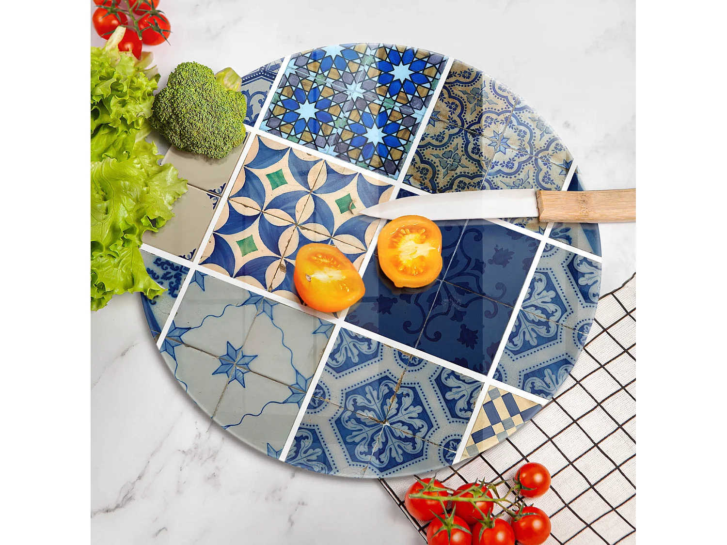 Rundes Küchenbrett aus Glas, 40 cm, dekorative Fliesen