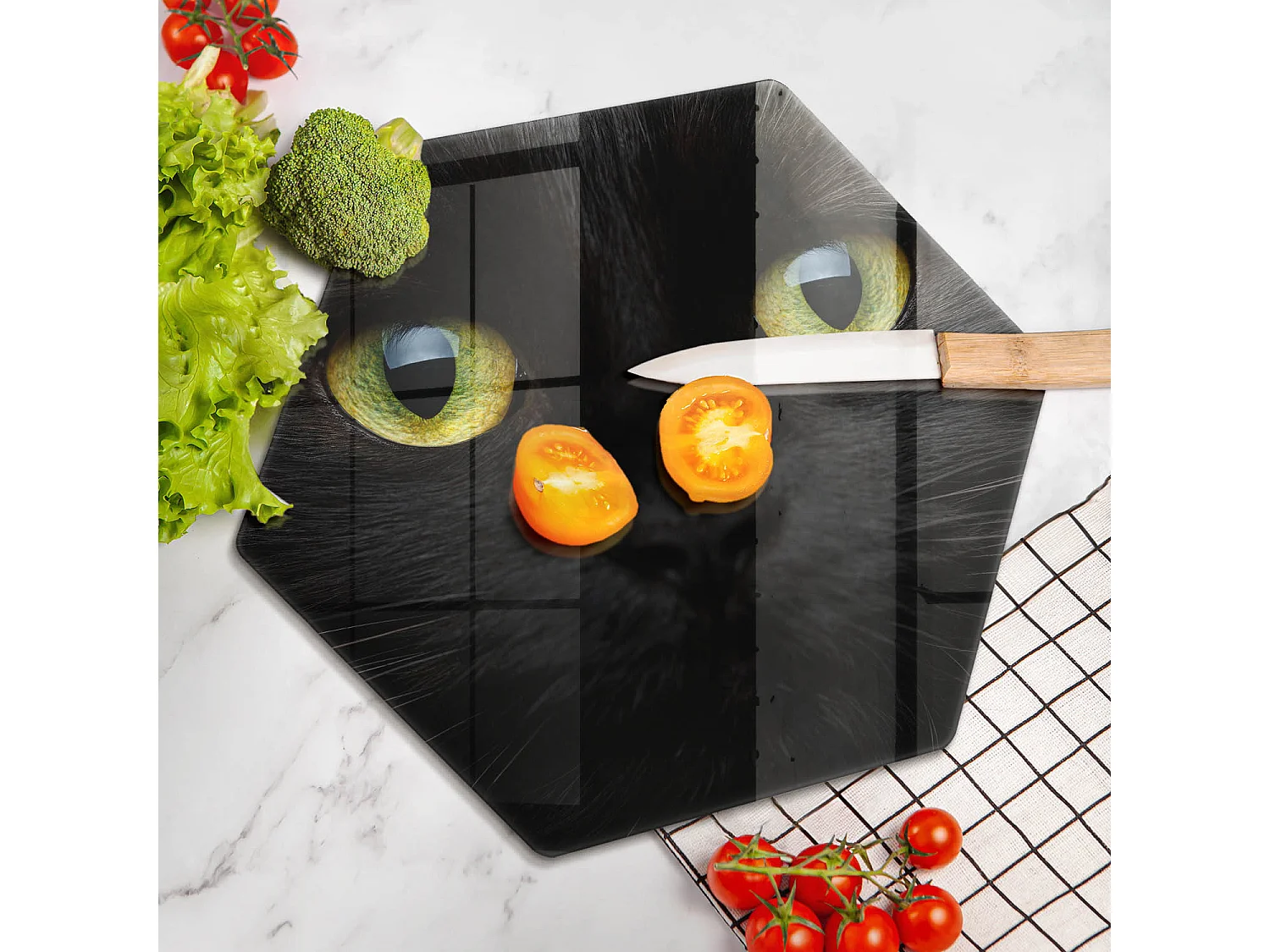 Sechseckiges Küchenbrett aus Glas, 40 cm Tier, Katzenaugen