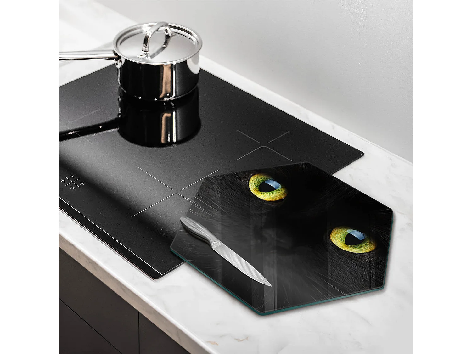 Sechseckiges Küchenbrett aus Glas, 40 cm Tier, Katzenaugen
