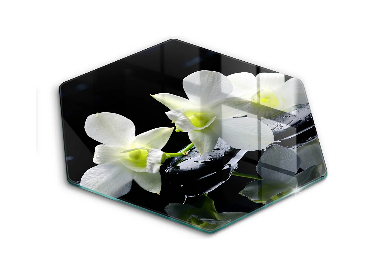 Planche de cuisine hexagonale en verre, 40 cm Fleurs blanches dans l'eau zen